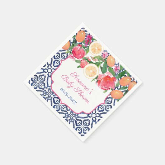Serviette En Papier Fleurs saisissantes Citron Carreaux Bleus Shower d (Coin)