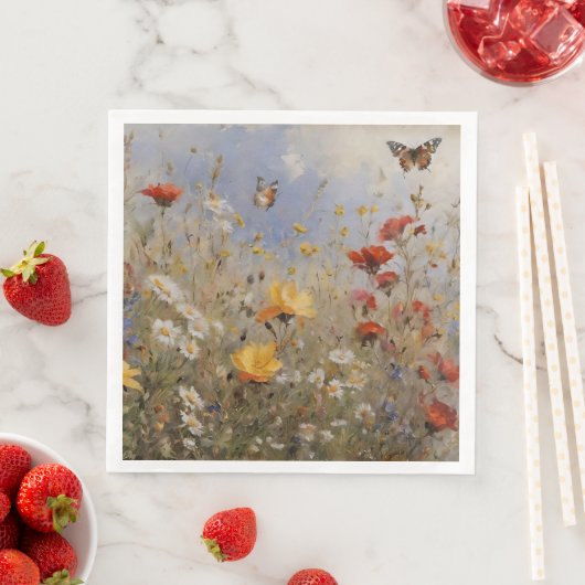 Serviette En Papier Fleurs sauvages d'aquarelle et papillons (En situation)