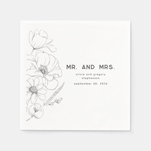 Serviette En Papier Fleurs sauvages Dessin Mariage élégant M. et Mme (Devant)