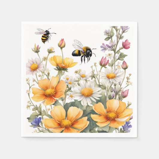 Serviette En Papier Fleurs sauvages et Abeilles de miel Aquarelle (Devant)