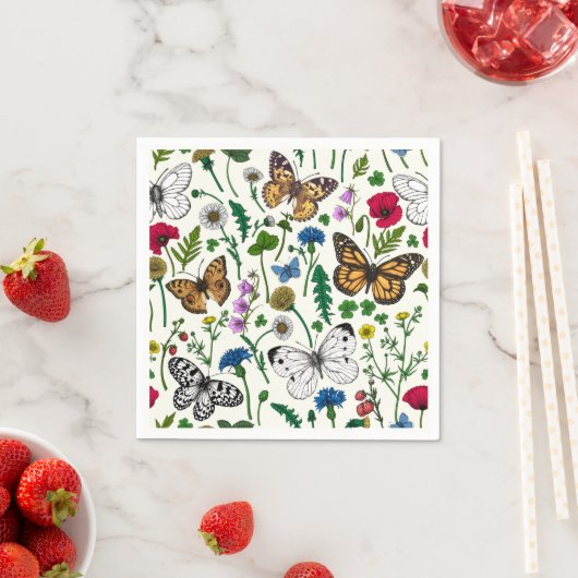 Serviette En Papier Fleurs sauvages et papillons sur blanc (En situation)