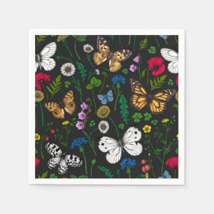 Serviette En Papier Fleurs sauvages et papillons sur le noir