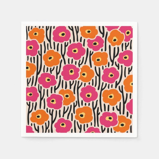 Serviette En Papier Fleurs sauvages Motif rose chaud et orange (Devant)
