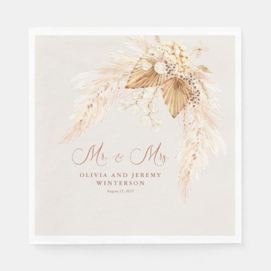 Serviette En Papier Fleurs séchées Boho et Mariage en herbe Pampas (Devant)