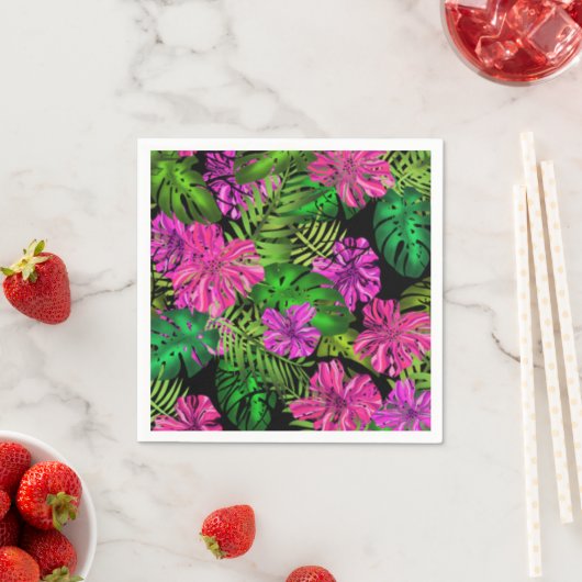 Serviette En Papier Fleurs tropicales et plantes en noir (En situation)