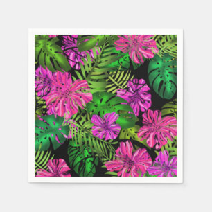 Serviette En Papier Fleurs tropicales et plantes en noir