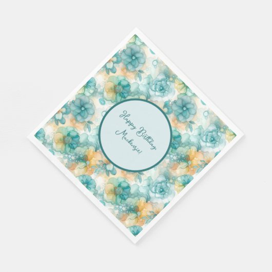 Serviette En Papier Fleurs turquoises et jaunes Illustration de l'encr (Coin)