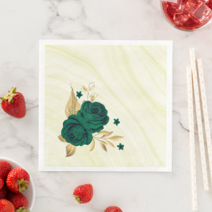Serviette En Papier fleurs vert émeraude or marbre feuille