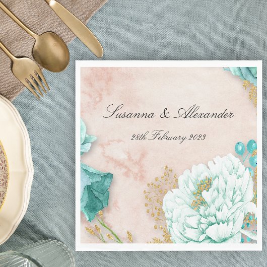 Serviette En Papier Fleurs vertes Neo Mint et Mariage Boho Rose