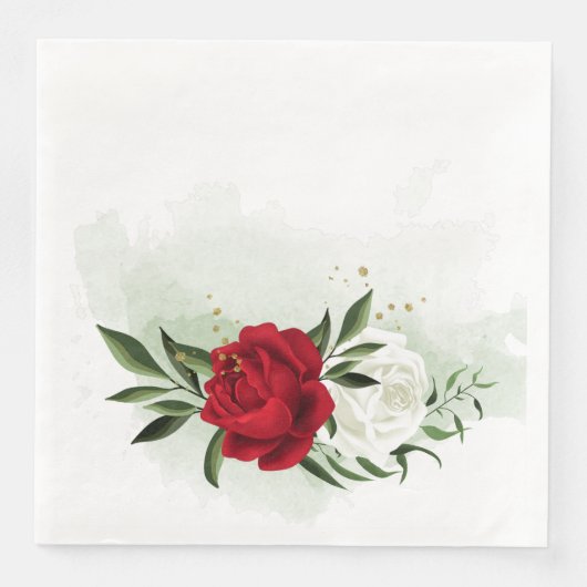 Serviette En Papier Fleurs vertes rouges et blanches (Devant)