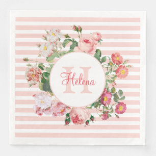 Serviette En Papier Fleurs vintages Pink Stripes Monogramme