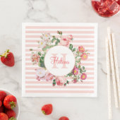 Serviette En Papier Fleurs vintages Pink Stripes Monogramme (En situation)