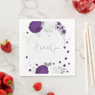 Serviette En Papier fleurs violet royal et blanc mariage d'argent