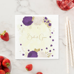 Serviette En Papier fleurs violet royal et blanc mariage or
