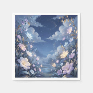 Serviette En Papier Fleurs violettes ciel nocturne étoilé fantaisie