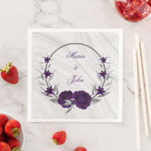 Serviette En Papier fleurs violettes couronne botanique argentée marbr