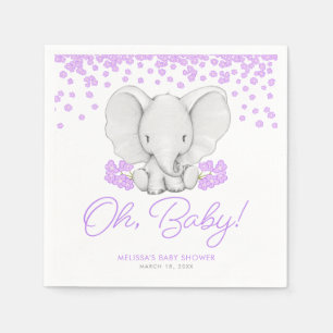 Serviette En Papier Fleurs violettes Eléphant Fille Baby shower