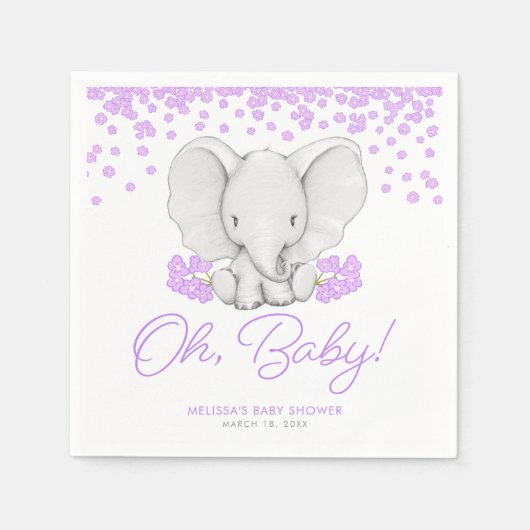 Serviette En Papier Fleurs violettes Eléphant Fille Baby shower (Devant)