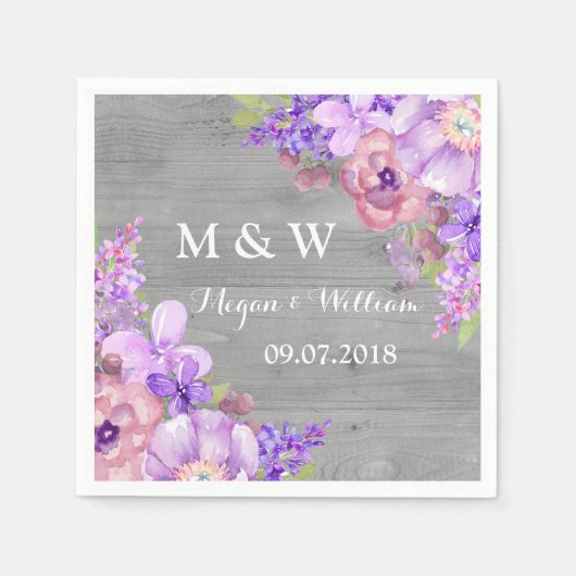 Serviette En Papier Fleurs violettes en bois rustique Mariage Monogram (Devant)