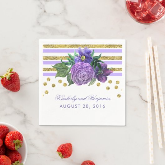 Serviette En Papier Fleurs violettes et Mariage de Parties scintillant (En situation)