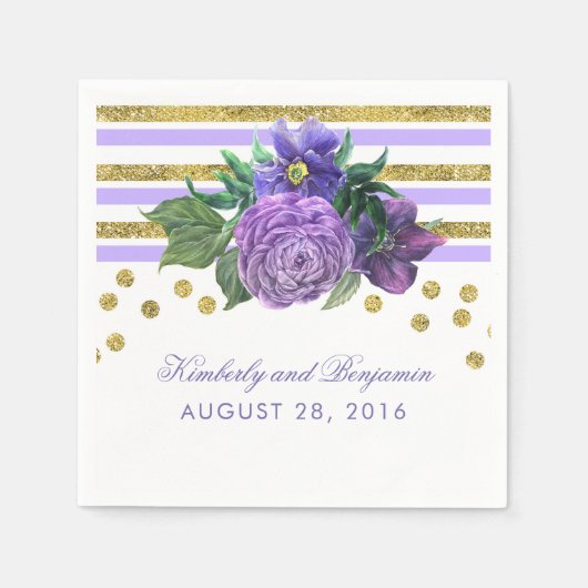 Serviette En Papier Fleurs violettes et Mariage de Parties scintillant (Devant)