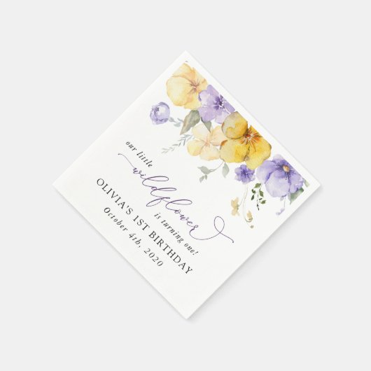Serviette En Papier Fleurs violettes, Fleurs Jaunes, Premier Anniversa (Coin)