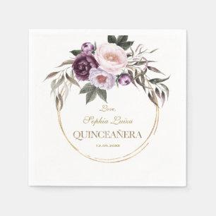 Serviette En Papier Fleurs violettes roses Mis d'or Quince Quinceañera