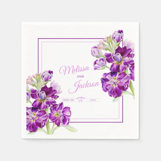 Serviette En Papier Fleurs violettes stocks mariages sur blanc (Devant)