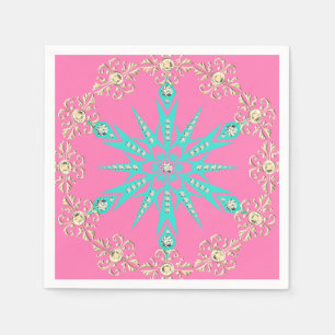 Serviette En Papier Flocon de neige du milieu du siècle rose turquoise