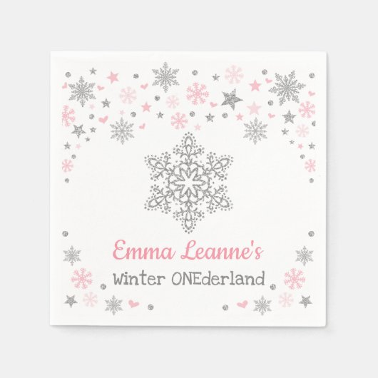 Serviette En Papier Flocon de neige rose Argent Baby shower d'annivers (Devant)