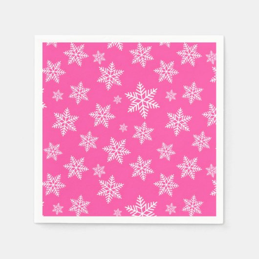Serviette En Papier Flocons blancs sur motif hiver rose (Devant)