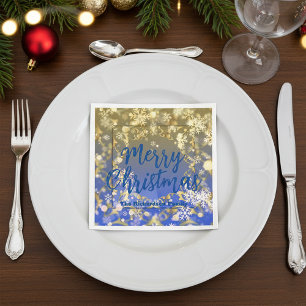 Serviette En Papier Flocons de neige bleus et or élégants Joyeux Noël