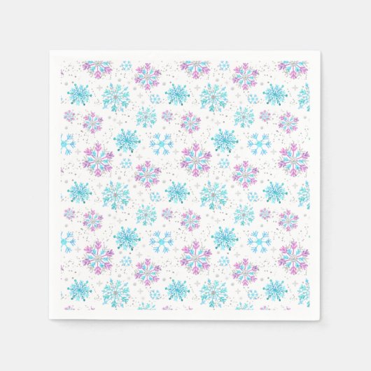 Serviette En Papier Flocons de neige violets et bleus d'hiver (Devant)
