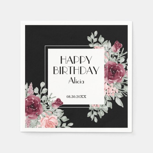 Serviette En Papier Flora rose Bourgogne Noir Joyeux anniversaire (Devant)