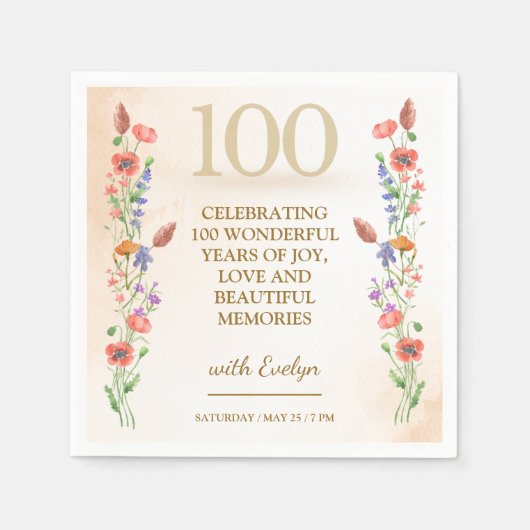 Serviette En Papier Floral 100e anniversaire - Design Fleur sauvage d' (Devant)
