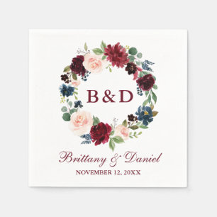 Serviette En Papier Floral Aquarelle Wreath Burgundy Bleu Mariage
