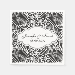 Serviette En Papier Floral baroque moderne Mariage noir et blanc