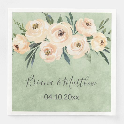 Serviette En Papier Floral Beige Blush Sage Vert Mariage (Devant)