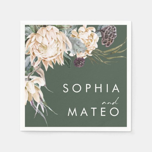Serviette En Papier Floral blanc | Serviettes Mariage vert foncé (Devant)