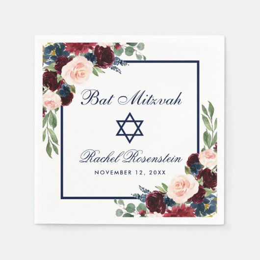 Serviette En Papier Floral bleu bat mitzvah Bourgogne (Devant)