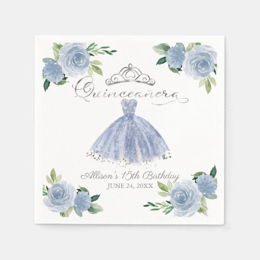 Serviette En Papier Floral bleu clair Quinceanera (Devant)