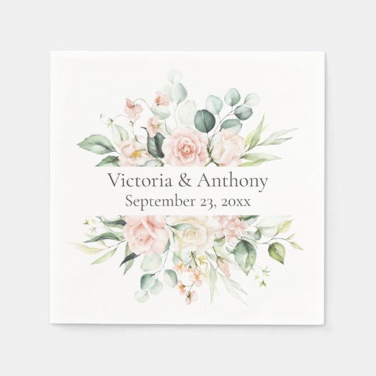 Serviette En Papier Floral Blush Nom Date Mariage Napkins (Devant)