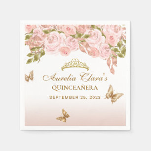 Serviette En Papier Floral Blush Rose Or Tiara Butterfly Quinceañera