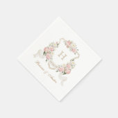 Serviette En Papier Floral Blush Rose Vert Crest Monogramme Mariage (Coin)