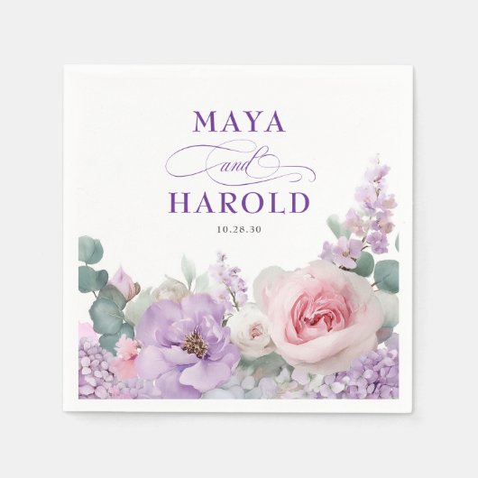 Serviette En Papier Floral botanique violet et Mariage rose (Devant)
