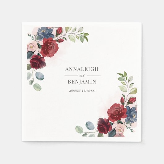 Serviette En Papier Floral Bourgogne Aquarelle Mariage de feuillage (Devant)