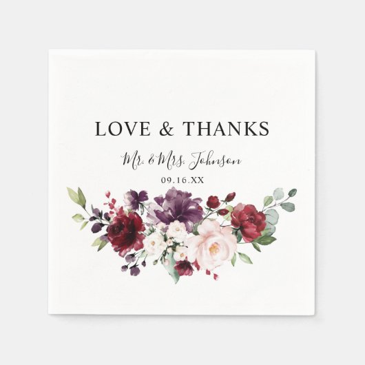 Serviette En Papier Floral Bourgogne Blush Aimer et Merci (Devant)