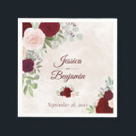 Serviette En Papier Floral Bourgogne rustique sur Mariage Rose Dusty<br><div class="desc">Ces serviettes mariages sont décorées d'une aquarelle rustique avec des roses peints à la main dans les tons bordeaux, rouge et rose roux sur un arrière - plan rose roux marbré. Des pousses d'eucalyptus feuille, des fleurs de lavande, du feuillage et de la verdure viennent compléter le bouquet. Les noms...</div>