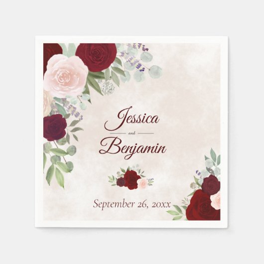 Serviette En Papier Floral Bourgogne rustique sur Mariage Rose Dusty (Devant)