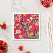 Serviette En Papier Floral Chinoiserie Rouge avec Peacocks (En situation)